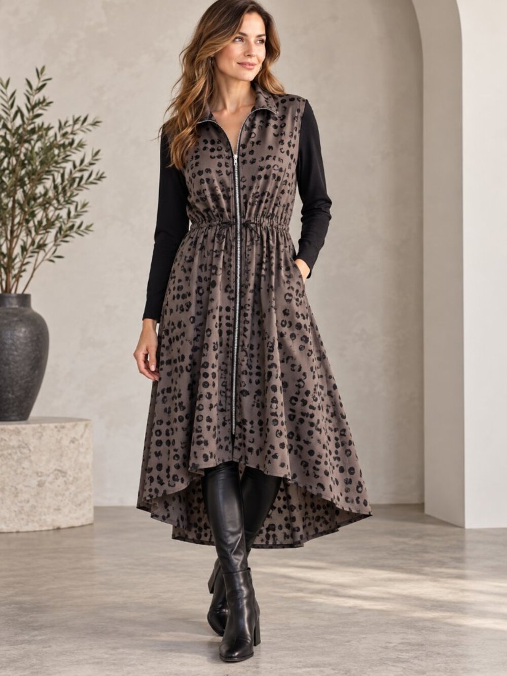 Sun Kim Leopard Print Zip Front Midi Dress Long Jacket Duster Black Gray M